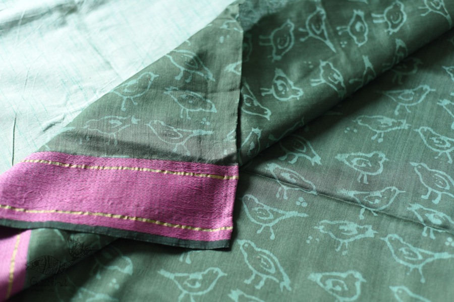 Block Printed Saree . Cotton Silk Handloom - Sparrow Motif