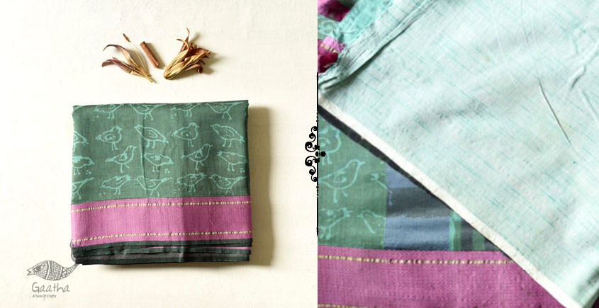 Block Printed Saree . Cotton Silk Handloom - Sparrow Motif