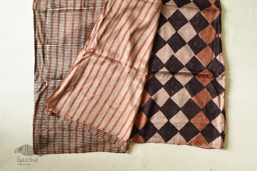 Natural Dyed . Block Printed Pure Silk Saree - Brown & Black Checks