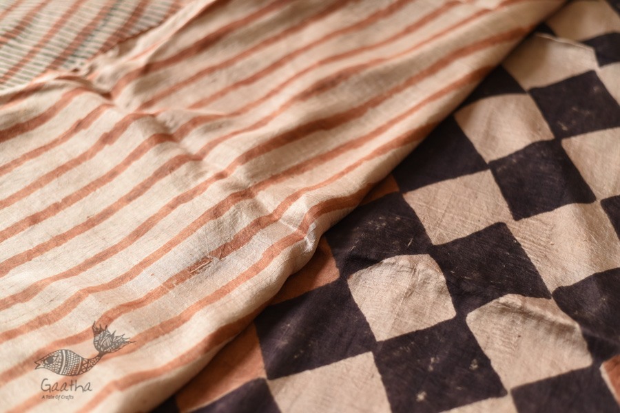 Natural Dyed . Block Printed Pure Silk Saree - Brown & Black Checks