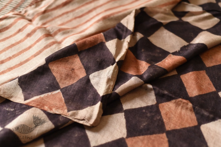 Natural Dyed . Block Printed Pure Silk Saree - Brown & Black Checks