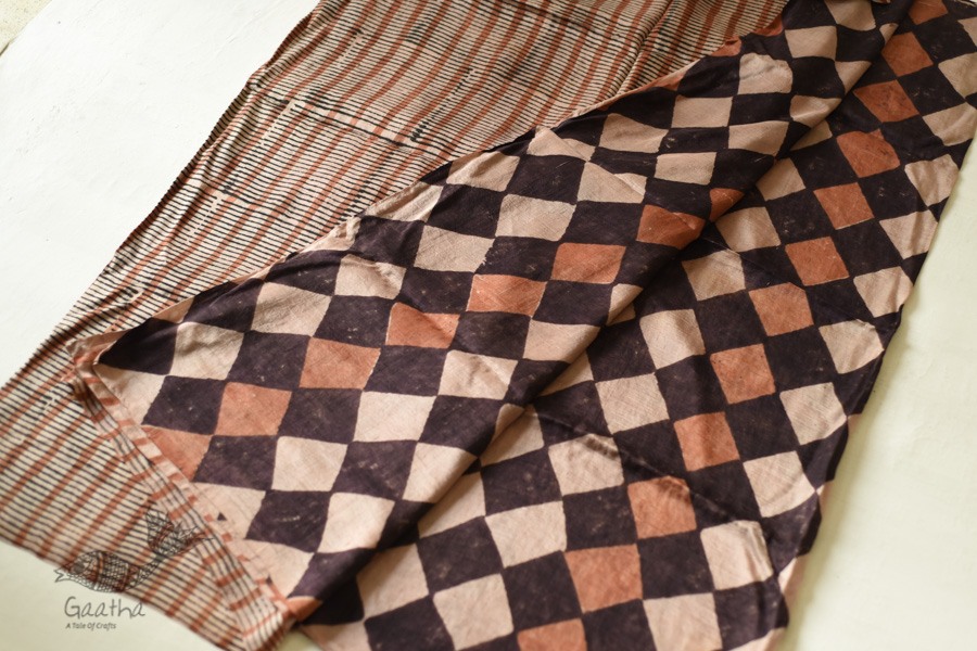 Natural Dyed . Block Printed Pure Silk Saree - Brown & Black Checks