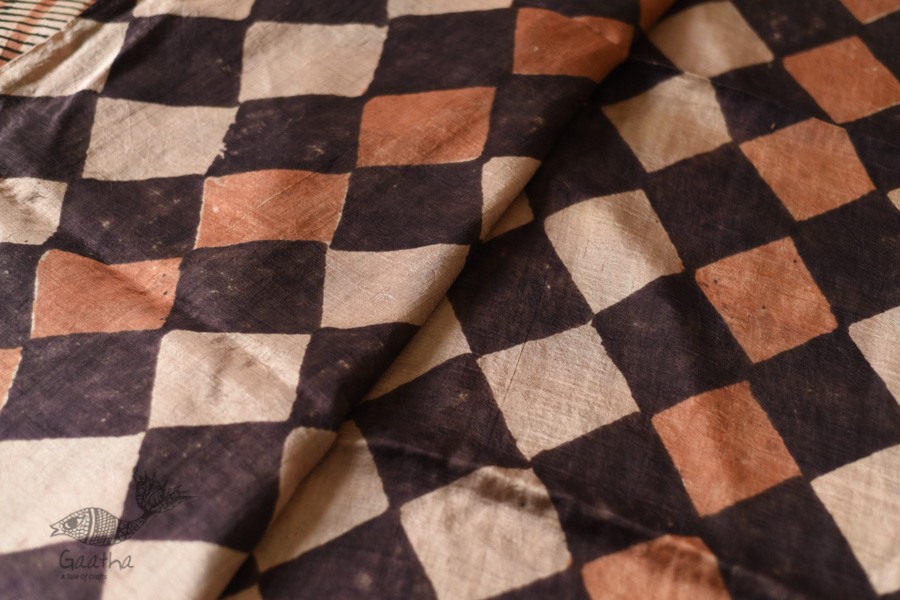 Natural Dyed . Block Printed Pure Silk Saree - Brown & Black Checks