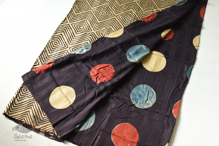 Natural Color . Block Printed Pure Silk Saree - Black