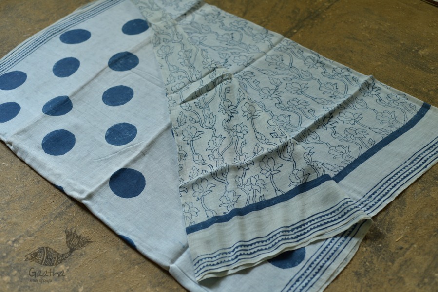 Handloom lndigo block printed linen saree