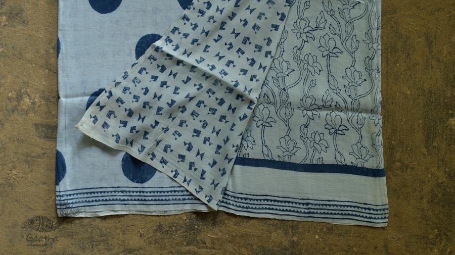 Handloom lndigo block printed linen saree