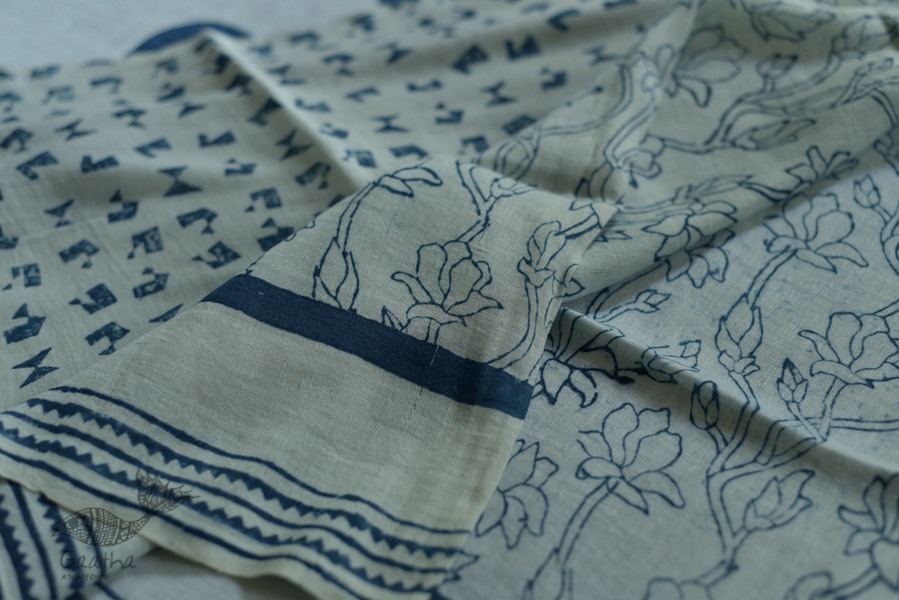 Handloom lndigo block printed linen saree