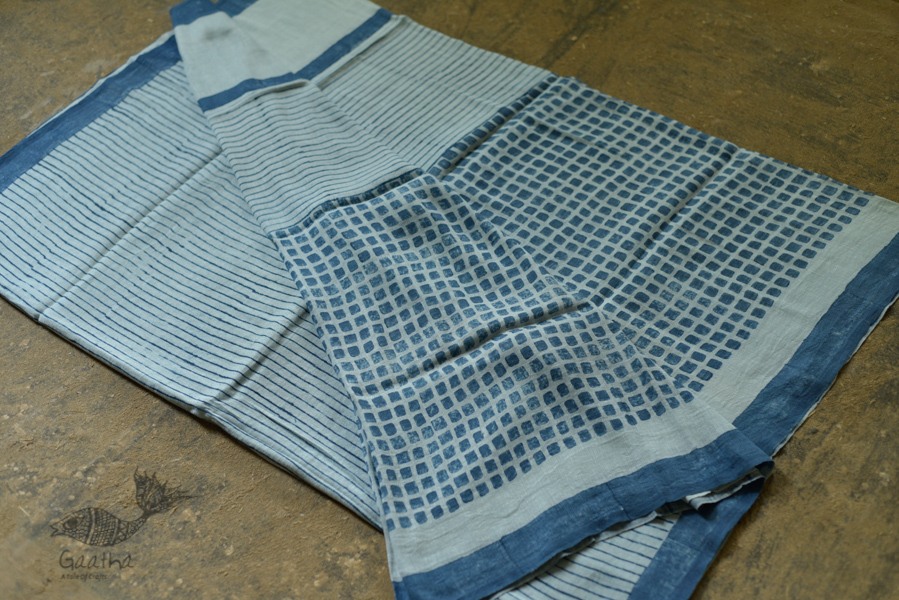 Handloom lndigo block printed linen saree
