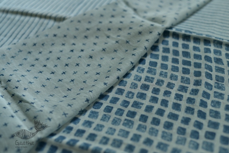 Handloom lndigo block printed linen saree