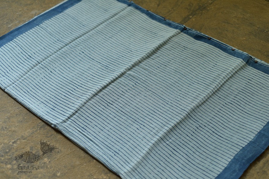 Handloom lndigo block printed linen saree