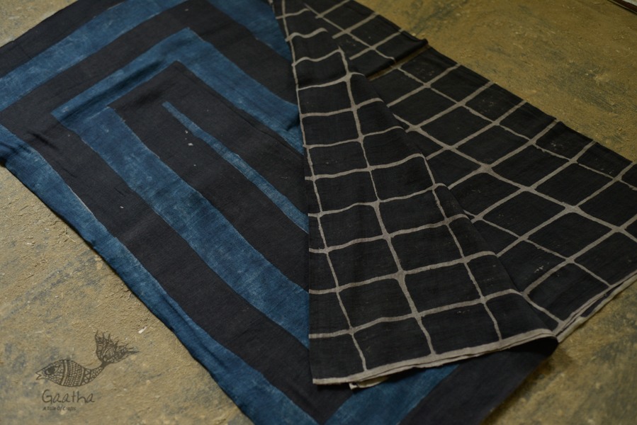 Handloom lndigo block printed linen saree