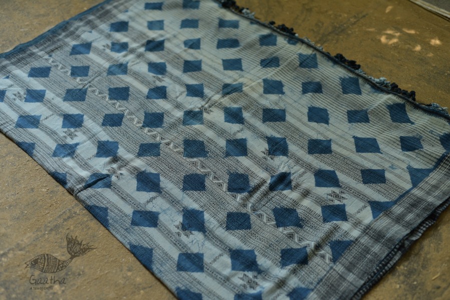 Handloom lndigo block printed kala cotton saree