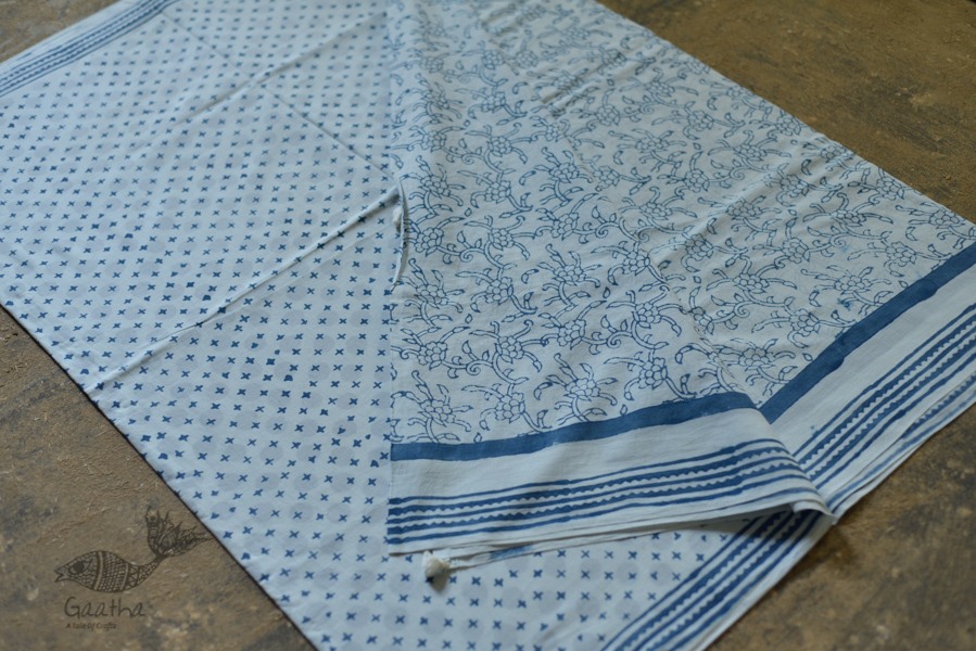 Handloom lndigo block printed cotton saree