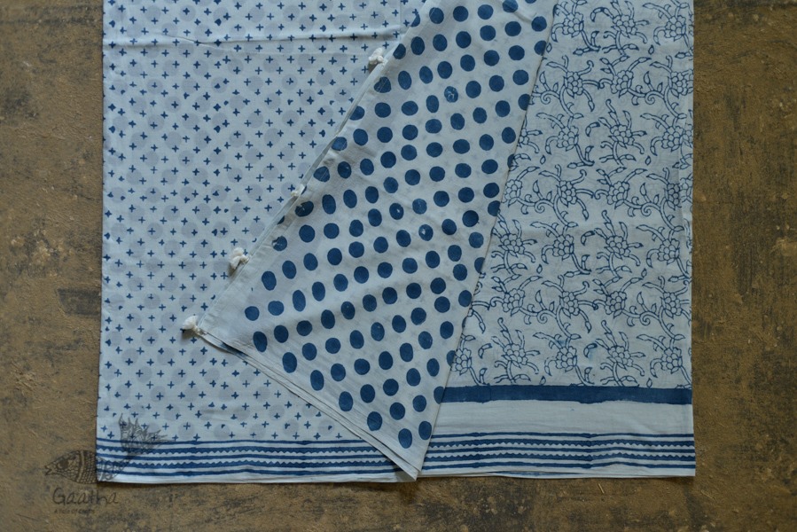 Handloom lndigo block printed cotton saree