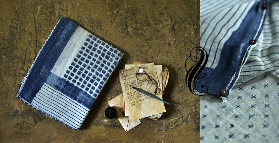 Handloom lndigo block printed linen saree