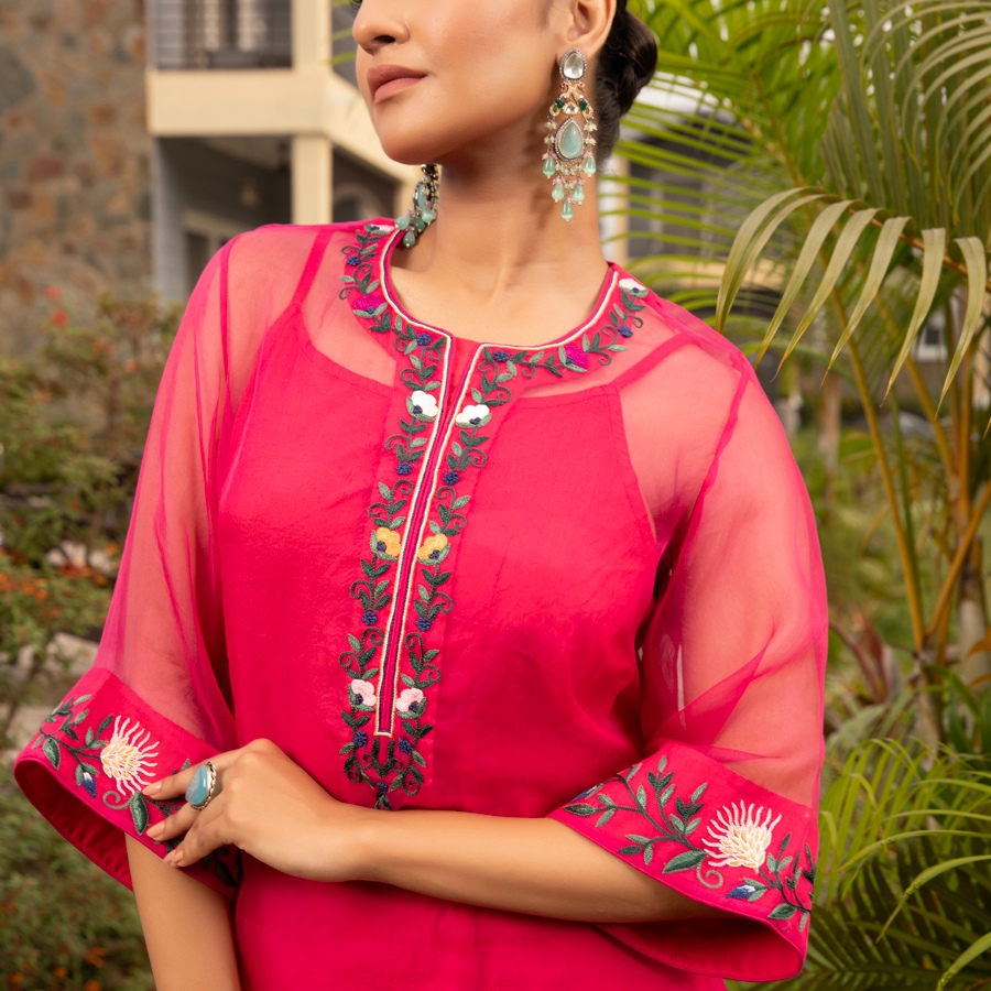 shop Hand Embroidered Chanderi Kurta Set