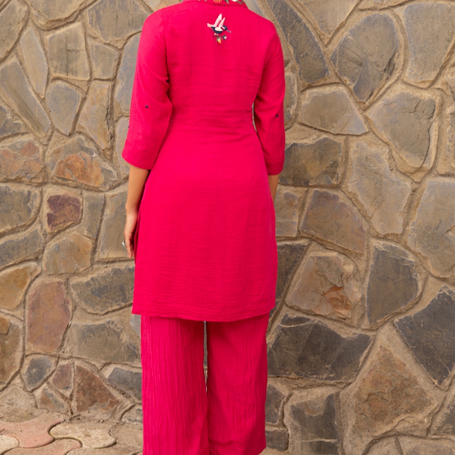 shop Hand Embroidered Chanderi - Tunic Paired with Straight Pant (Set of 2)