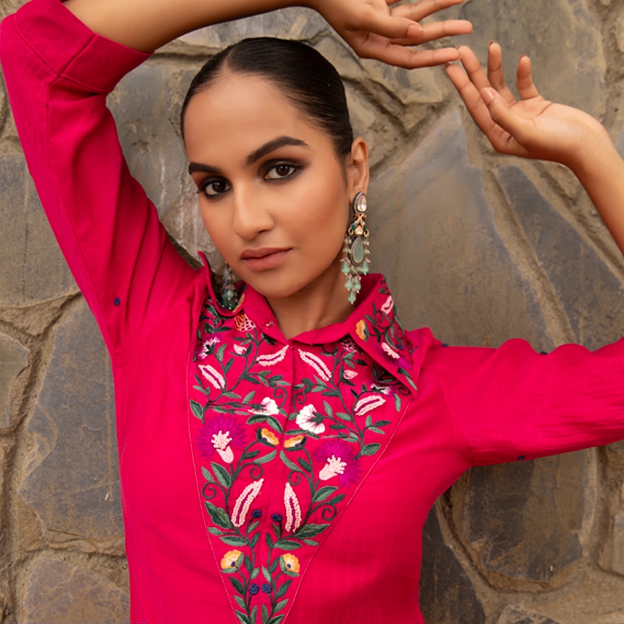 shop Hand Embroidered Chanderi - Tunic Paired with Straight Pant (Set of 2)