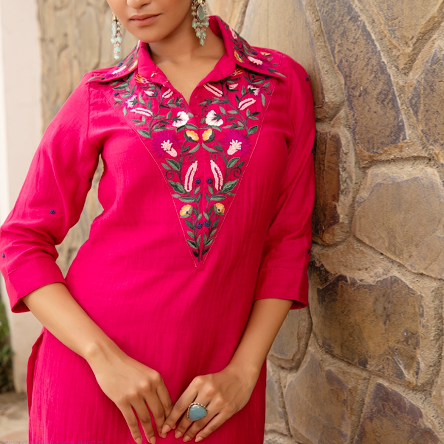 shop Hand Embroidered Chanderi - Tunic Paired with Straight Pant (Set of 2)
