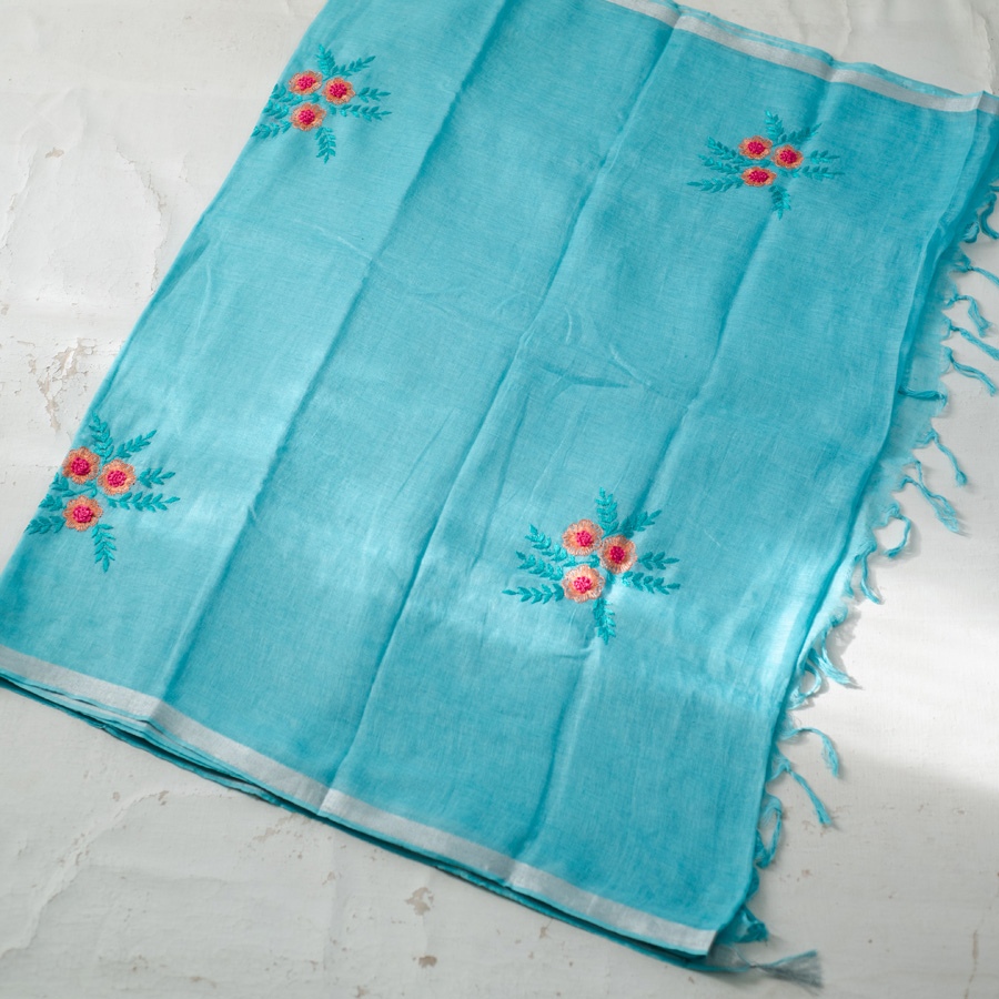 shop Handloom Linen Embroidered Saree