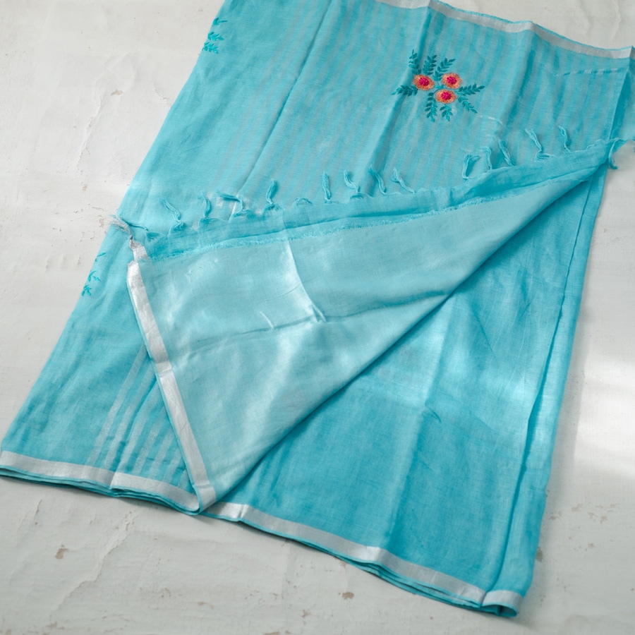 shop Handloom Linen Embroidered Saree