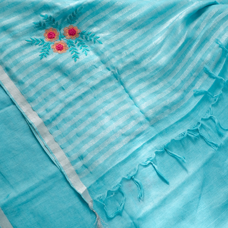 shop Handloom Linen Embroidered Saree