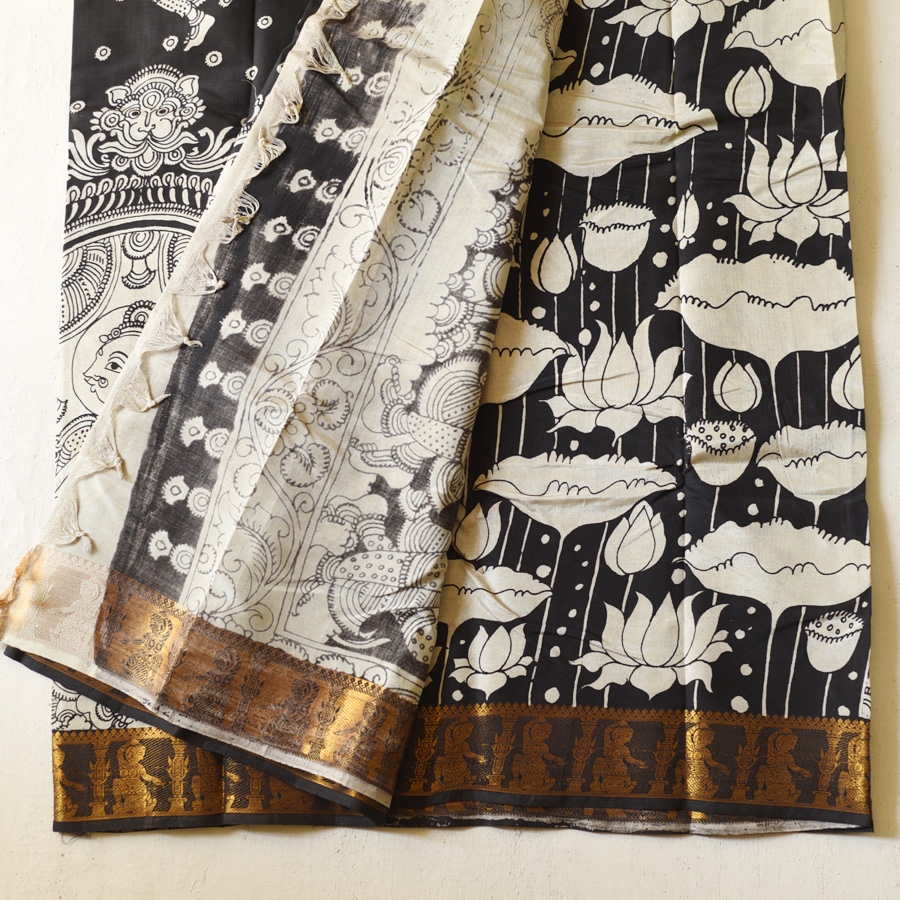 shop Handmade ~ Kalamkari Silk Saree - Lotus