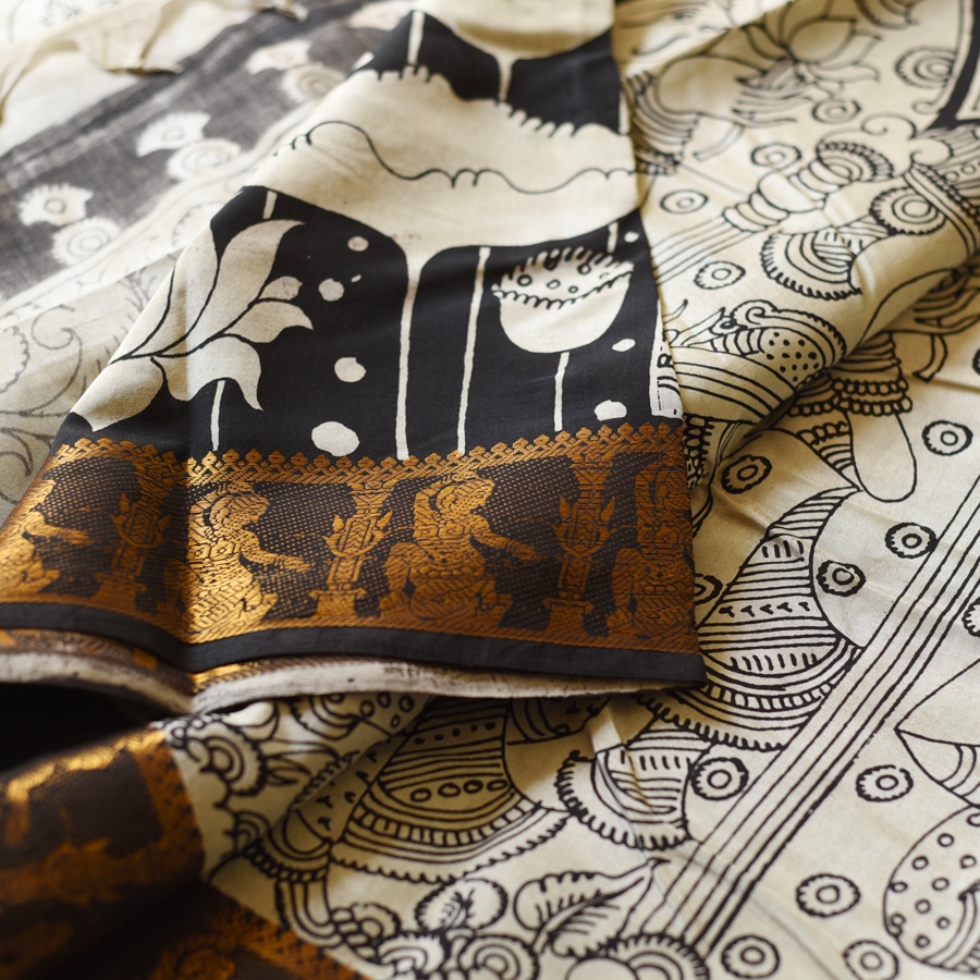 shop Handmade ~ Kalamkari Silk Saree - Lotus