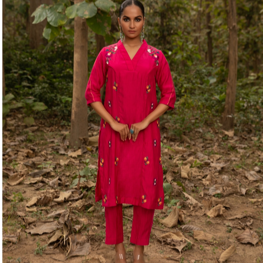 shop Hand Embroidered Chanderi Tunic Set Paired with Silk Pant