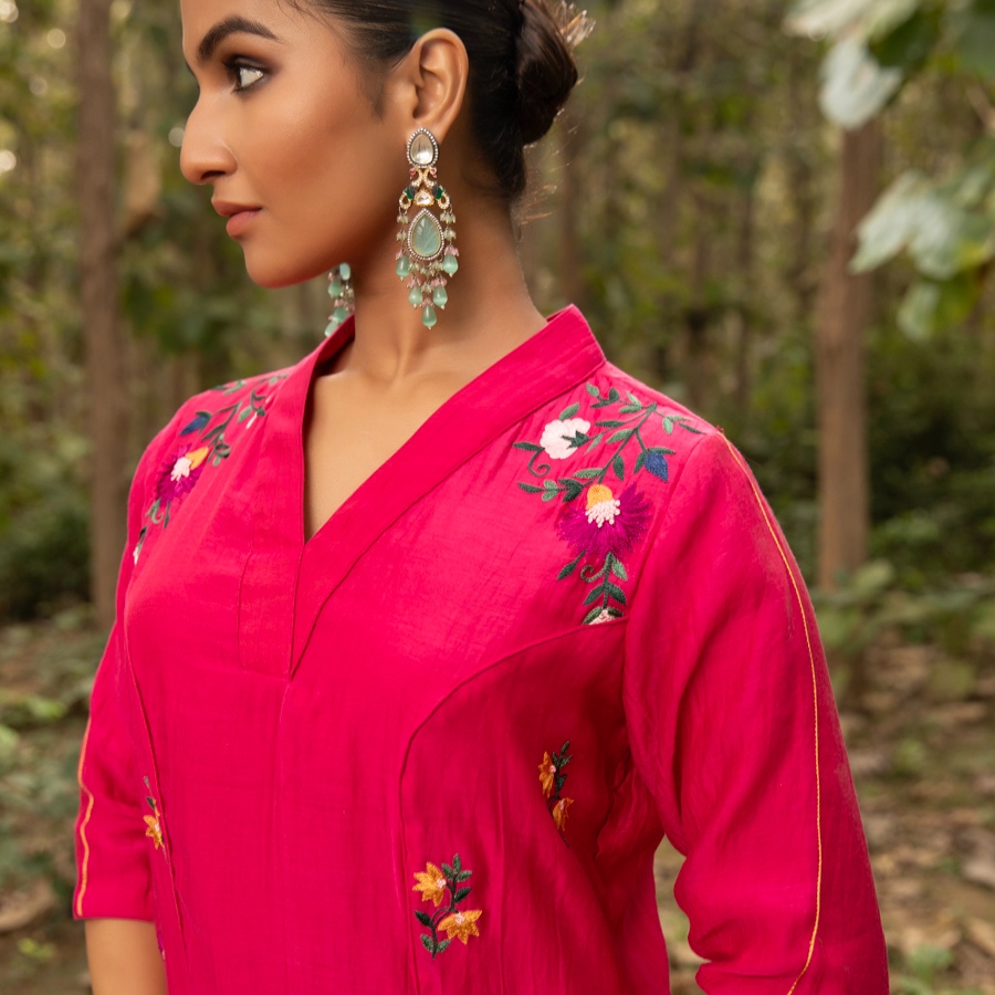 shop Hand Embroidered Chanderi Tunic Set Paired with Silk Pant