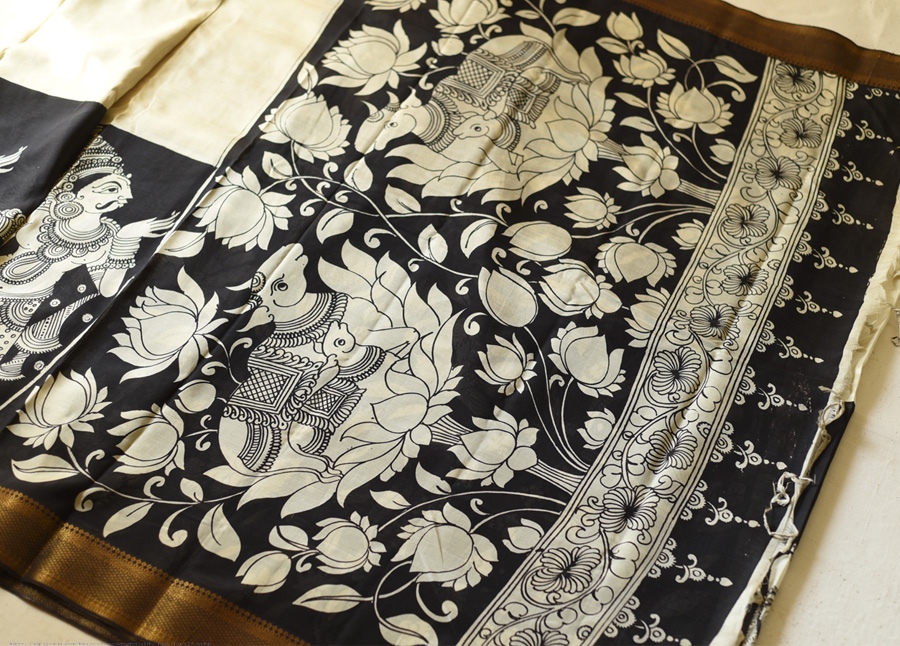 shop Handmade ~ Kalamkari Silk Saree - Nandi