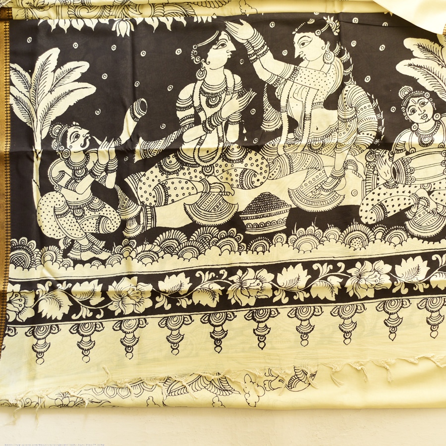 shop Handmade ~ Kalamkari Silk Saree - Peacock Motif