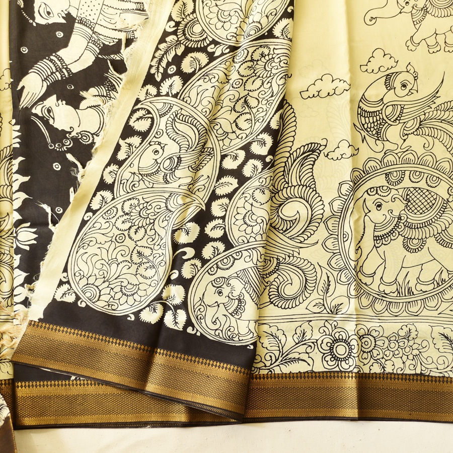 shop Handmade ~ Kalamkari Silk Saree - Peacock Motif