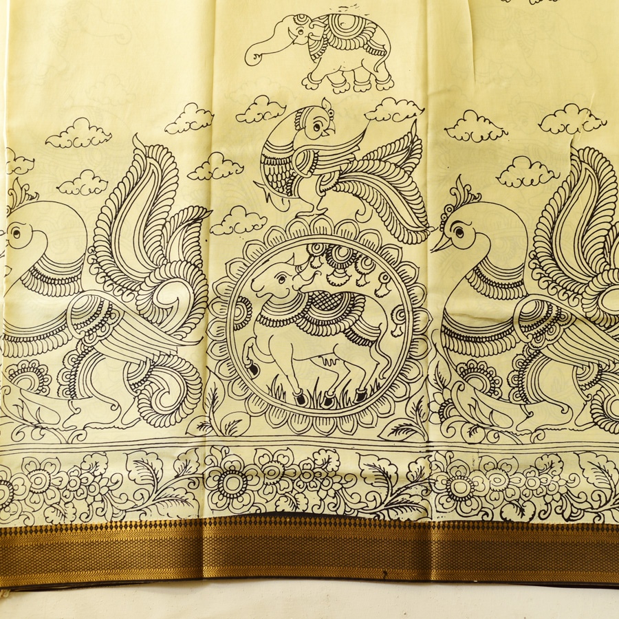 shop Handmade ~ Kalamkari Silk Saree - Peacock Motif