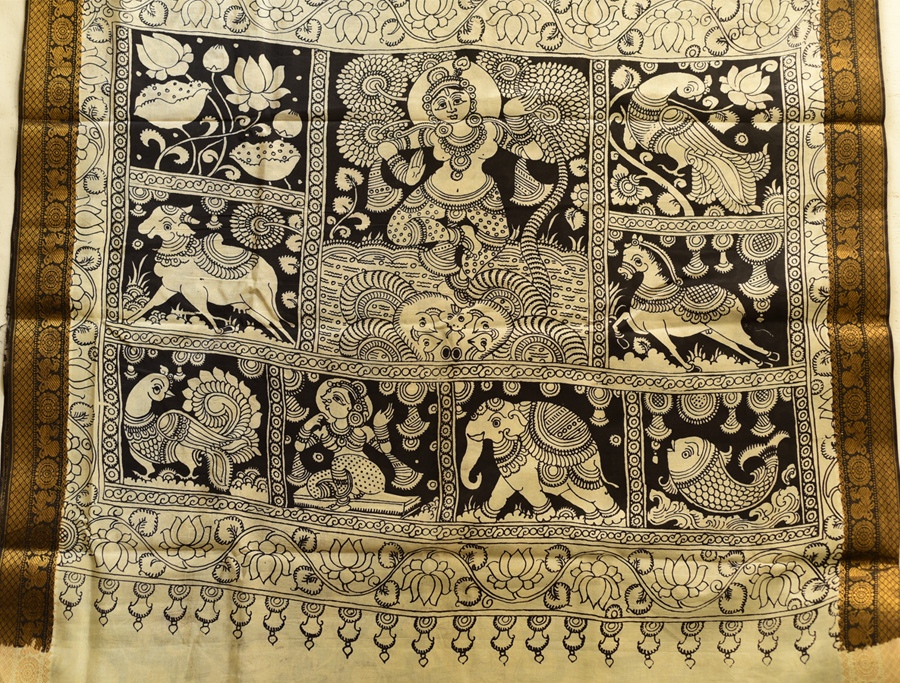 shop Handmade ~ Kalamkari Silk Saree - peacock