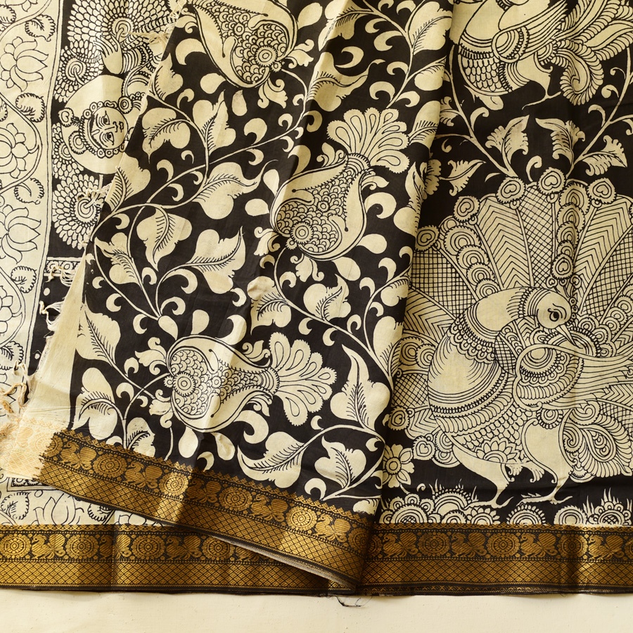 shop Handmade ~ Kalamkari Silk Saree - peacock