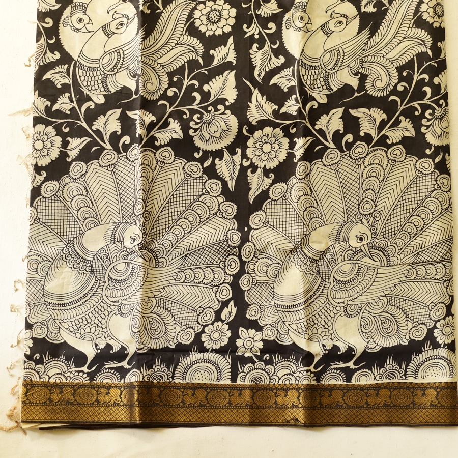 shop Handmade ~ Kalamkari Silk Saree - peacock