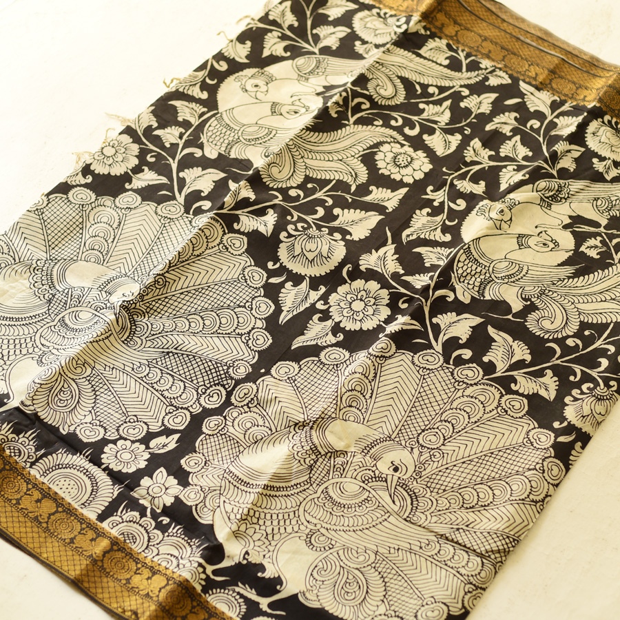 shop Handmade ~ Kalamkari Silk Saree - peacock