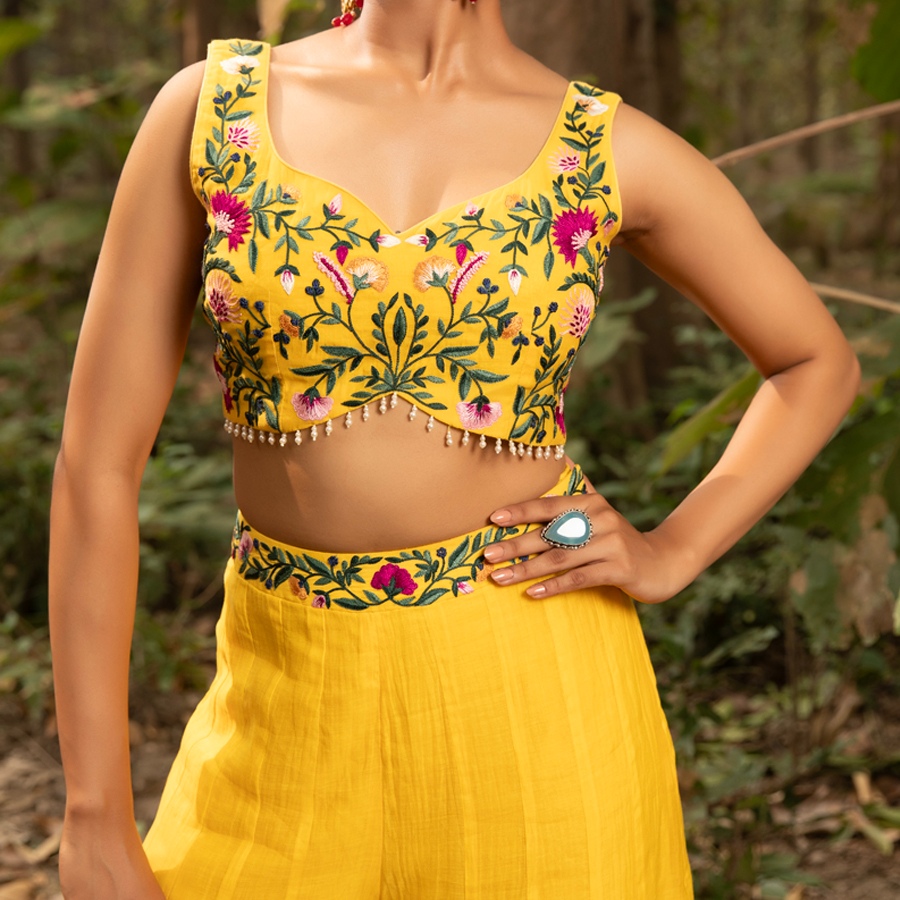 shop Hand Embroidered Chanderi -  Organza Jacket Set Paired with Silk Blouse Includes Wide Leg Pant (Set of 3)