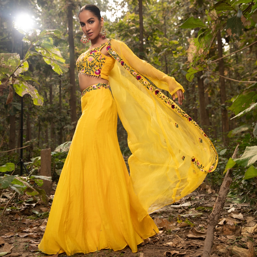 shop Hand Embroidered Chanderi -  Organza Jacket Set Paired with Silk Blouse Includes Wide Leg Pant (Set of 3)