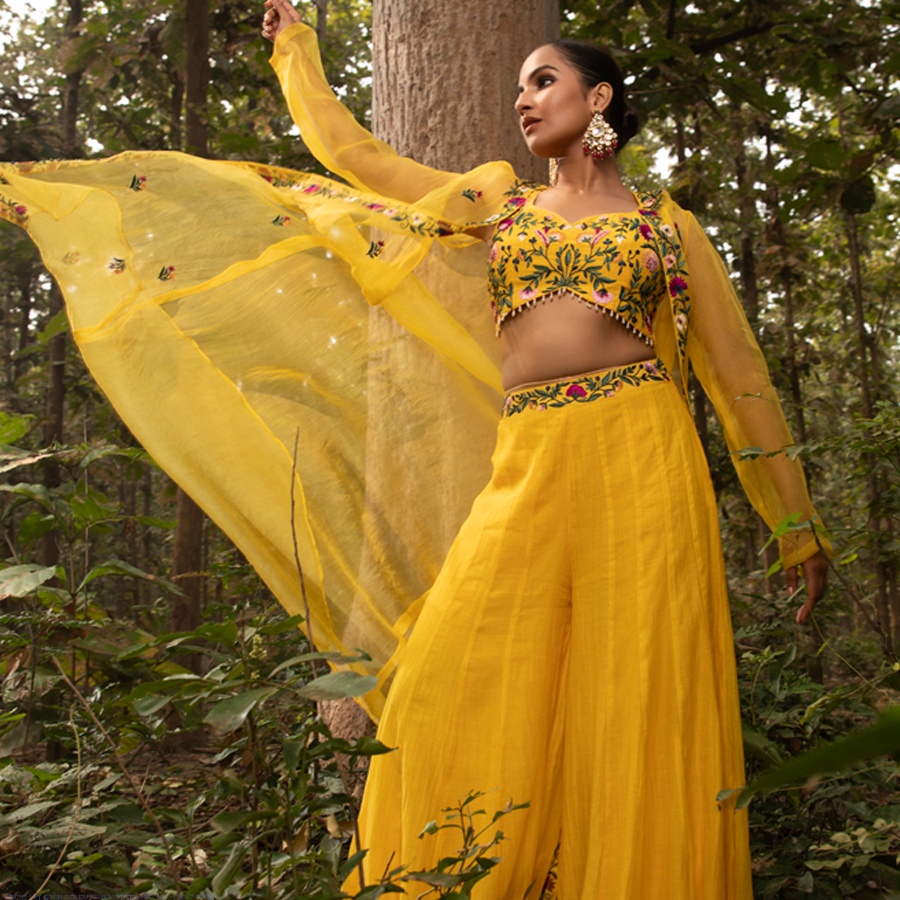 shop Hand Embroidered Chanderi -  Organza Jacket Set Paired with Silk Blouse Includes Wide Leg Pant (Set of 3)