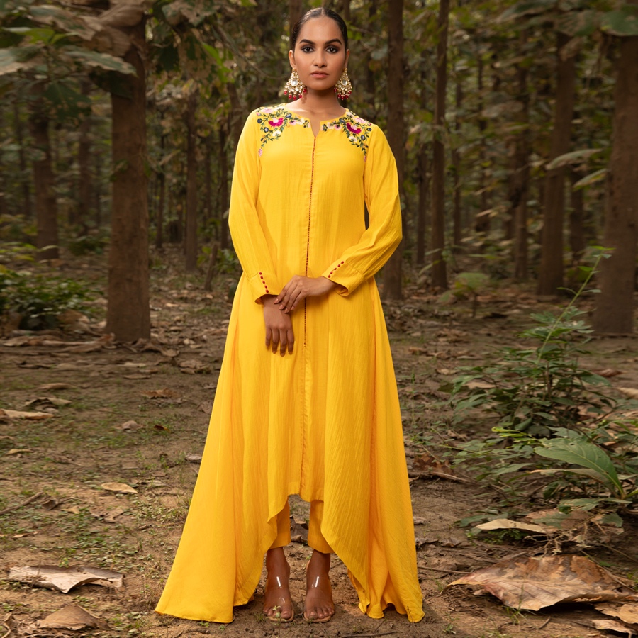 shop Embroidered Chanderi - Yellow Asymmetrical Tunic Set (Set of 2)