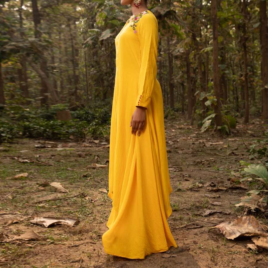 shop Embroidered Chanderi - Yellow Asymmetrical Tunic Set (Set of 2)