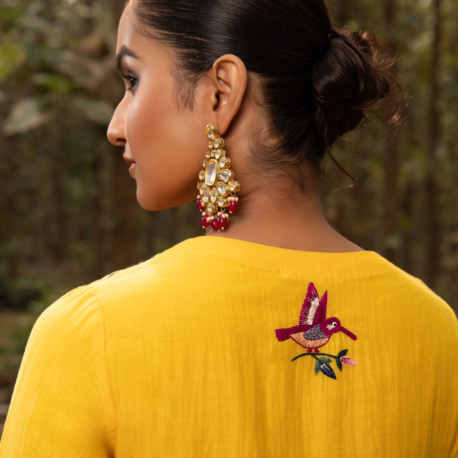 shop Embroidered Chanderi - Yellow Asymmetrical Tunic Set (Set of 2)