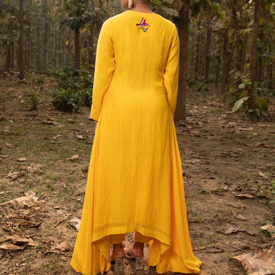 shop Embroidered Chanderi - Yellow Asymmetrical Tunic Set (Set of 2)