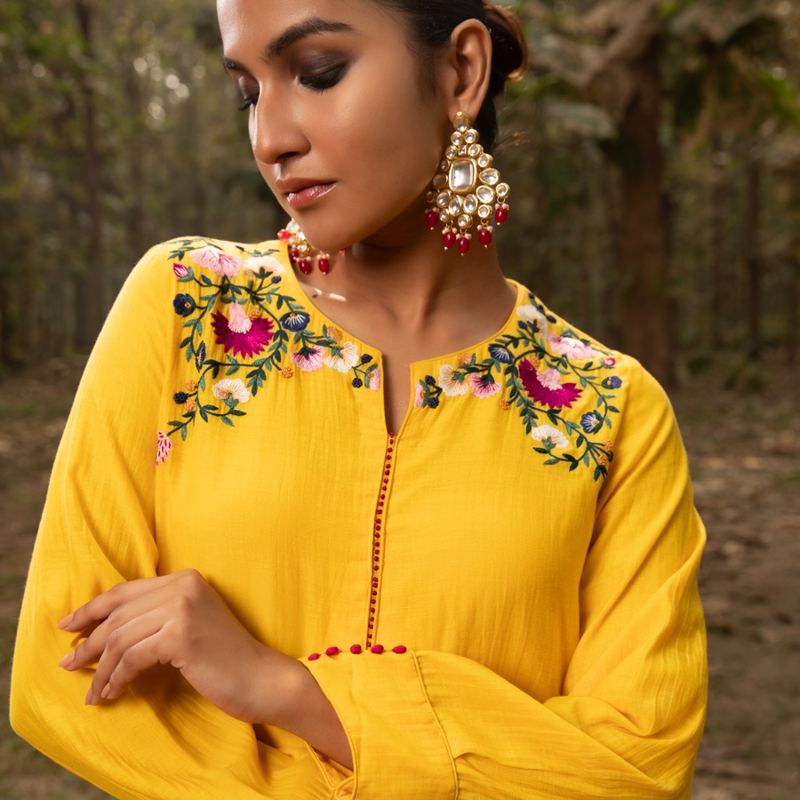 shop Embroidered Chanderi - Yellow Asymmetrical Tunic Set (Set of 2)