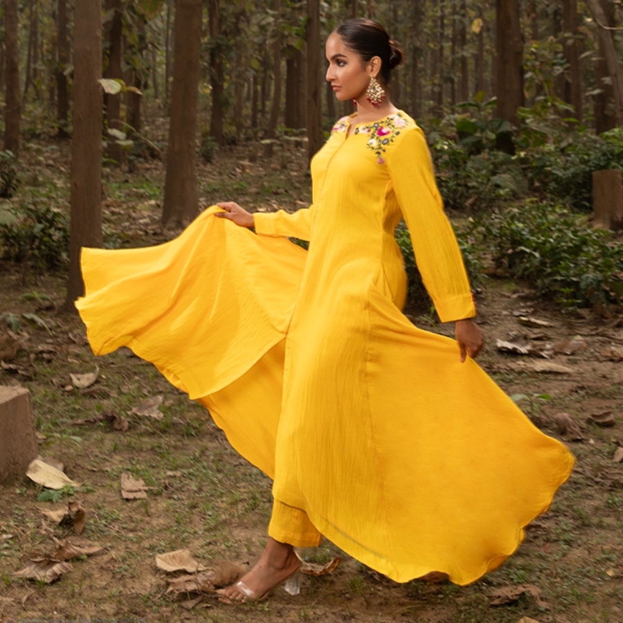 shop Embroidered Chanderi - Yellow Asymmetrical Tunic Set (Set of 2)