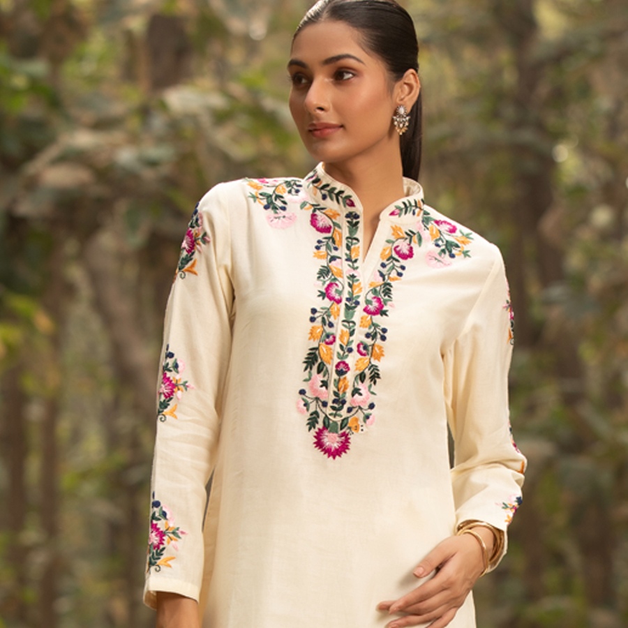 shop Hand Embroidered Chanderi - Kurta with Cigarette Pant, Organza Dupatta (Set of 3)