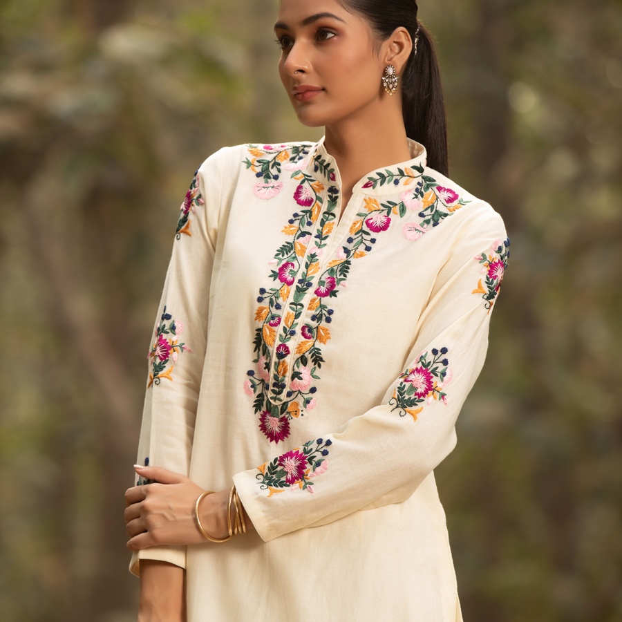 shop Hand Embroidered Chanderi - Kurta with Cigarette Pant, Organza Dupatta (Set of 3)