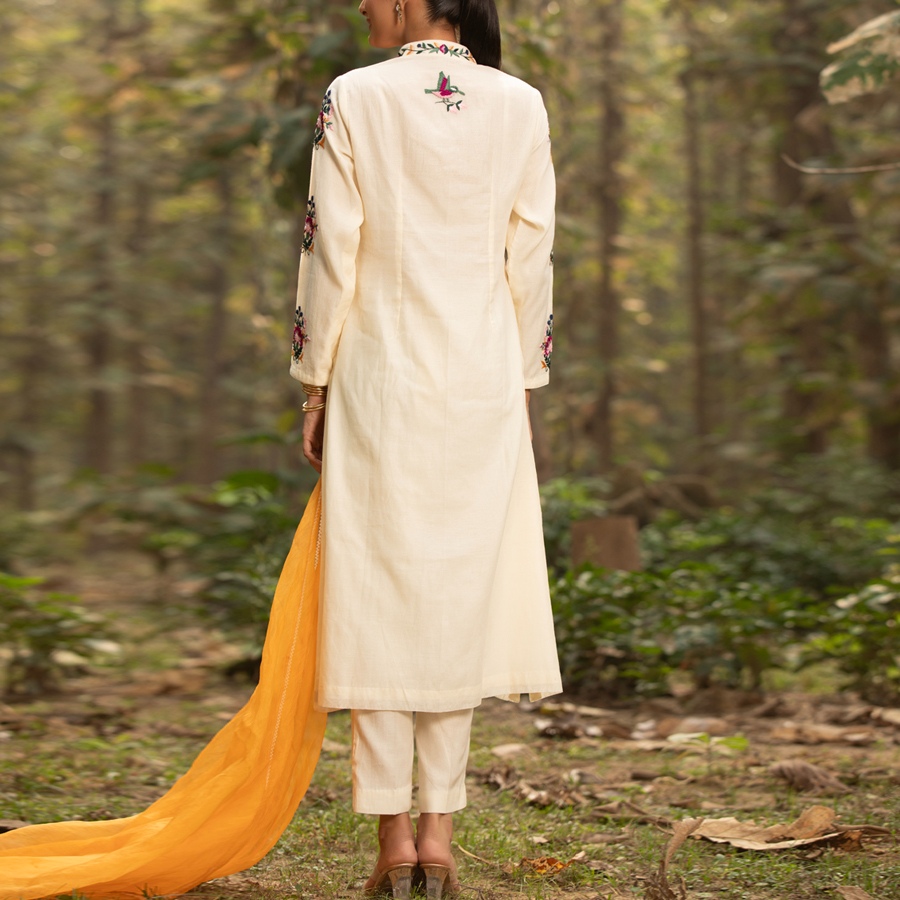 shop Hand Embroidered Chanderi - Kurta with Cigarette Pant, Organza Dupatta (Set of 3)